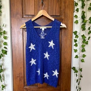 Patriotic Blue and White Star Sleeveless Loose Knit Tank | Large